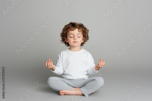 Young Child Meditating in Lotus Position, Calmness & Mindfulness, Grey Background, Photographic Image.