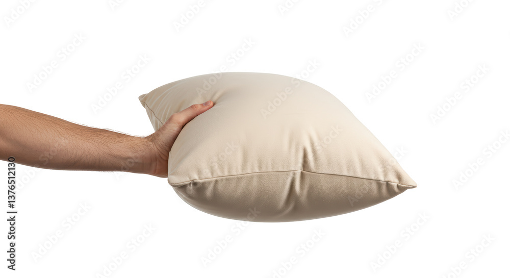 Isolated Hand Holding Beige Pillow Isolated Hand Holding Beige Pillow