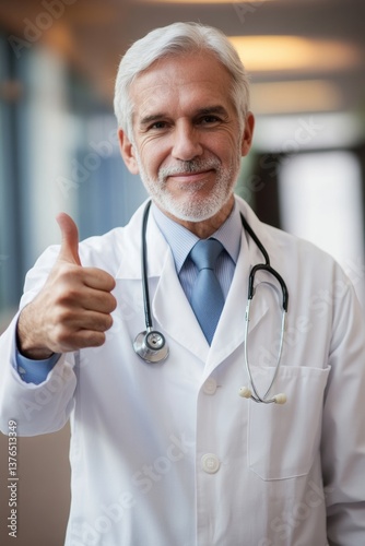 A 55-year-old male doctor smiles confidently while giving a thumbs-up in a contemporary clinic. His white coat and stethoscope indicate his profession, providing reassurance to patients