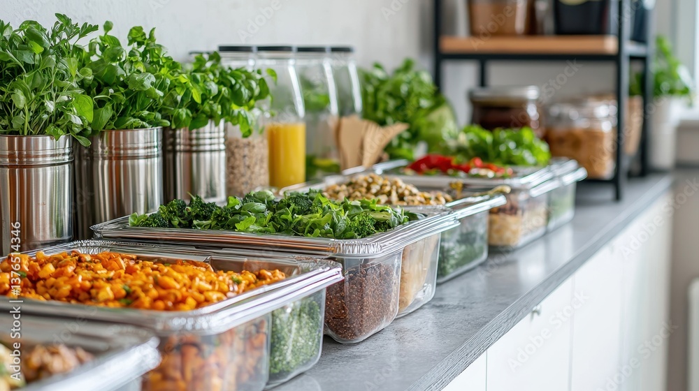 A vibrant display of fresh ingredients, including herbs, nuts, and grains, arranged in clear containers on a countertop, promoting healthy cooking and meal preparation. A vibrant display of fresh ingredients, including herbs, nuts, and grains, arranged in clear containers on a countertop, promoting healthy cooking and meal preparation.