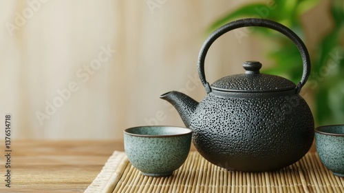A cast-iron teapot alongside two matching cups is placed on a bamboo mat, surrounded by greenery, evoking a serene tea-drinking experience.