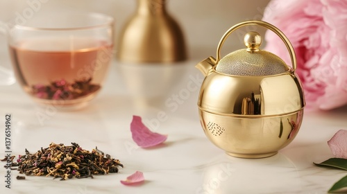 A stylish golden teapot sits beside a glass of tea, with loose tea leaves and rose petals, creating a serene tea-drinking scene.