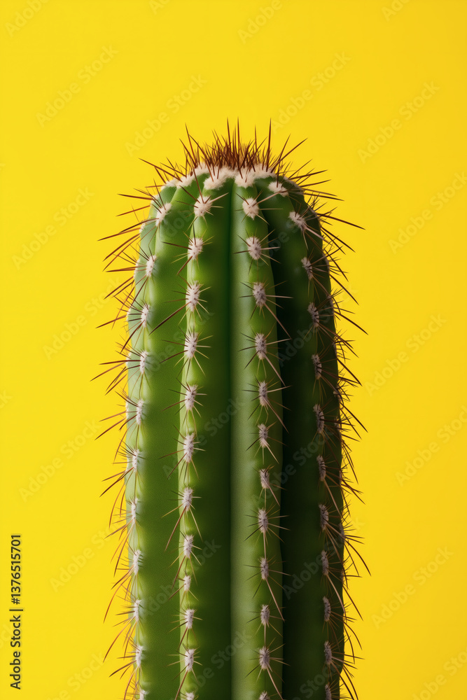 A vibrant green cactus with sharp spines is strikingly set against a solid yellow backdrop. A vibrant green cactus with sharp spines is strikingly set against a solid yellow backdrop.