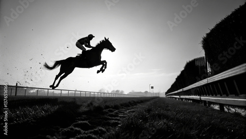 Dramatic black and white silhouette of jockey and horse mid-jump over steeplechase hurdle at sunrise on grassy racetrack with long shadows and flying debris
