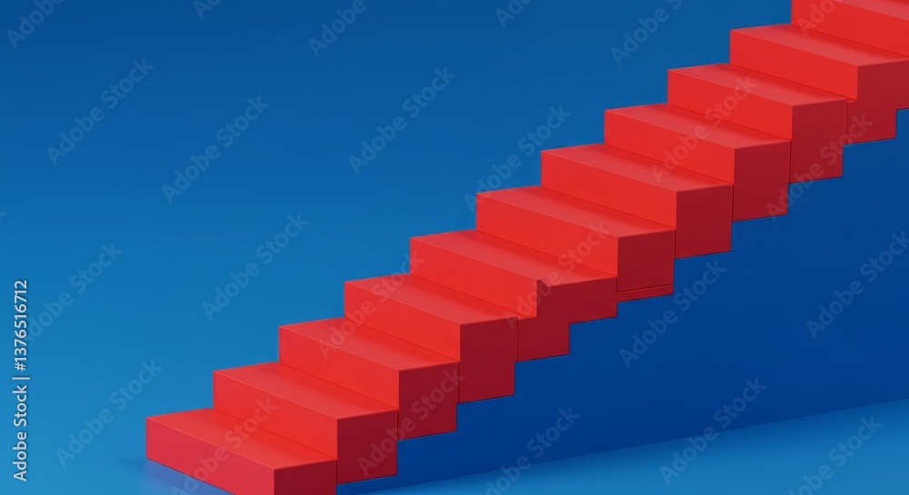 Obraz premium Red Steps to Success - Modern red staircase ascending against a vibrant blue background. Perfect for concepts of growth, ambition, and progress