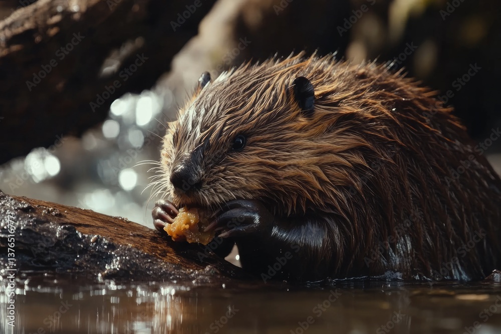 Charming Beaver Enjoying a Bark Snack by the Riverbank: A Close-Up of Nature's Adorable Fauna Charming Beaver Enjoying a Bark Snack by the Riverbank: A Close-Up of Nature's Adorable Fauna