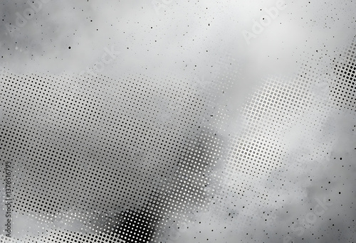 Abstract Futuristic Grayscale Background with Halftone Dots, Geometric Grids, and Misty Gradients