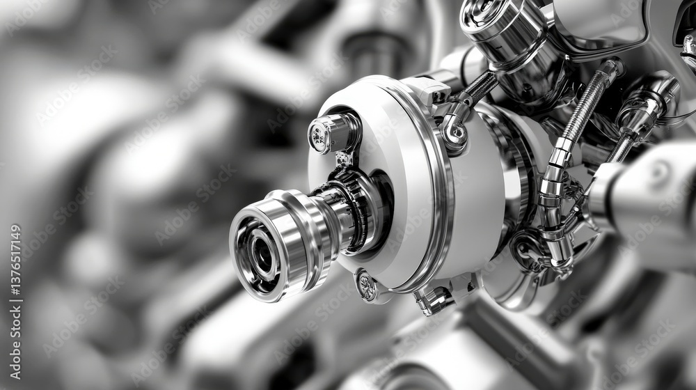 Monochrome close-up of innovative mechanical engineering components Monochrome close-up of innovative mechanical engineering components