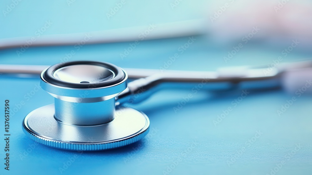 A shiny silver stethoscope resting on a solid smooth blue surface A shiny silver stethoscope resting on a solid smooth blue surface
