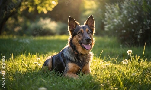 healthy dog, with a shiny coat and radiant skin, sits comfortably in a lush green meadow, surrounded by subtle hints of blooming flowers, conveying a sense of well-being and digestive harmony.  photo