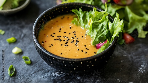 Japanese-inspired miso vinaigrette dressing, served in a traditional black lacquer bowl