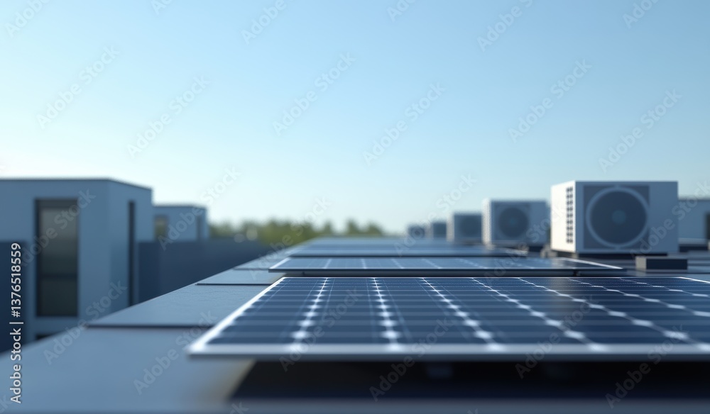 Fototapeta premium Solar Panels on Roof: A modern rooftop showcases rows of photovoltaic panels under a bright blue sky, illustrating the concept of sustainable energy.