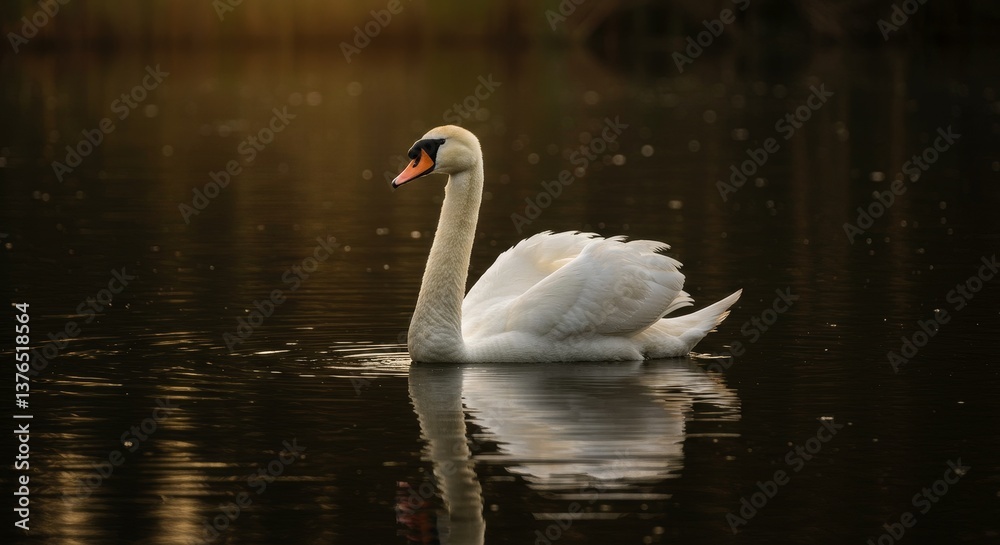 Serene Swan at Golden Hour - Graceful swan, tranquil water, golden light, peaceful scene, nature's beauty Serene Swan at Golden Hour - Graceful swan, tranquil water, golden light, peaceful scene, nature's beauty