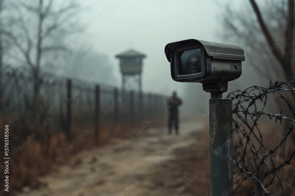 Security Camera Overlook on a Barbed Wire Fence Overlooks a Guard Tower on a Foggy Morning. Security Camera Overlook on a Barbed Wire Fence Overlooks a Guard Tower on a Foggy Morning.