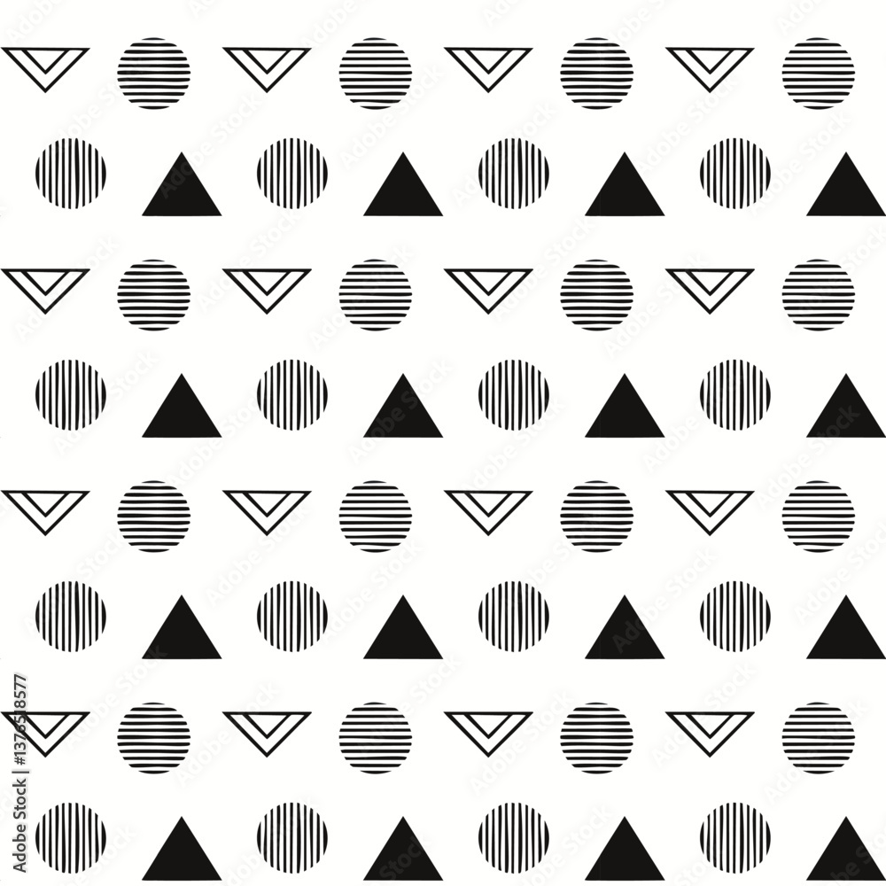 Geometric pattern with black triangles, striped circles, and inverted triangles on a white background