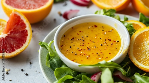 Orange vinaigrette dressing with tiny pulp particles visible, elegantly plated with citrus slices
