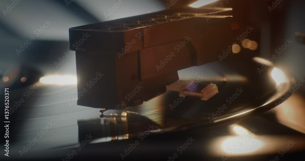 Macro Close Up of Needle Gently Scratching Grooves, Playing Song or Authentic Analog Music on Vinyl Record Player. Vinyl Record Spinning On Vintage Turntable. Retro Sound System with Nostalgic Vibe.