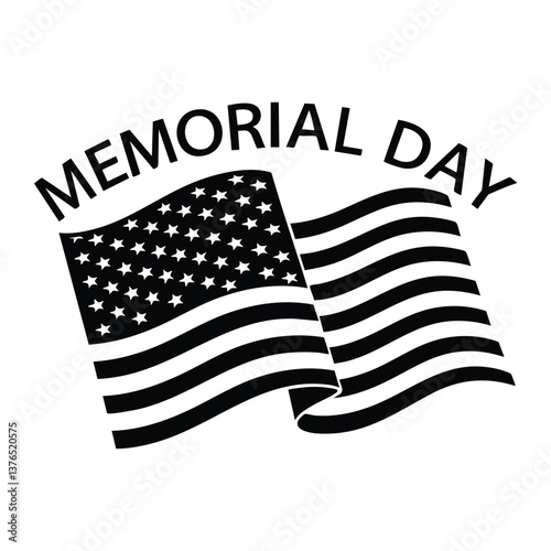 Black and White Memorial Day Flag Illustration Graphic with Wavy American Flag