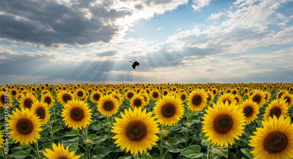 Obraz premium Sunlit Sunflower Field - A vast field of sunflowers basks in the golden sunlight, a single bird silhouetted against the bright sky