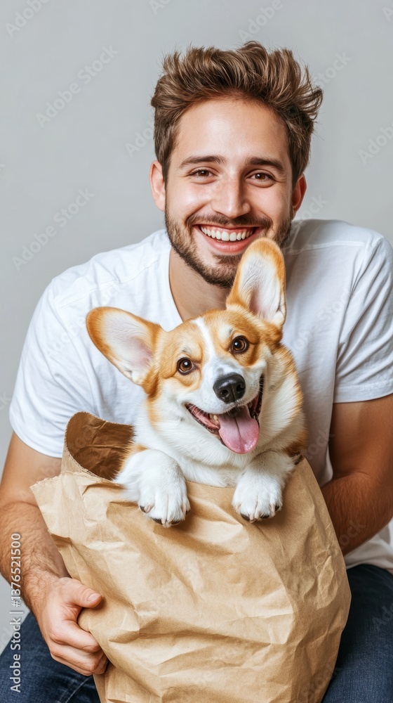 Man and his corgi : A heartwarming moment between a man and his corgi in a simple and neutral setting Man and his corgi : A heartwarming moment between a man and his corgi in a simple and neutral setting