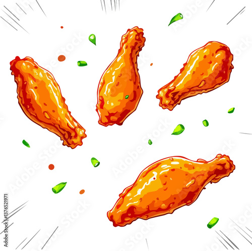 Spicy Buffalo Chicken Wings with Scattered Green Onions, Crispy and Saucy Fast Food Favorite Vector Illustration in Dynamic Style