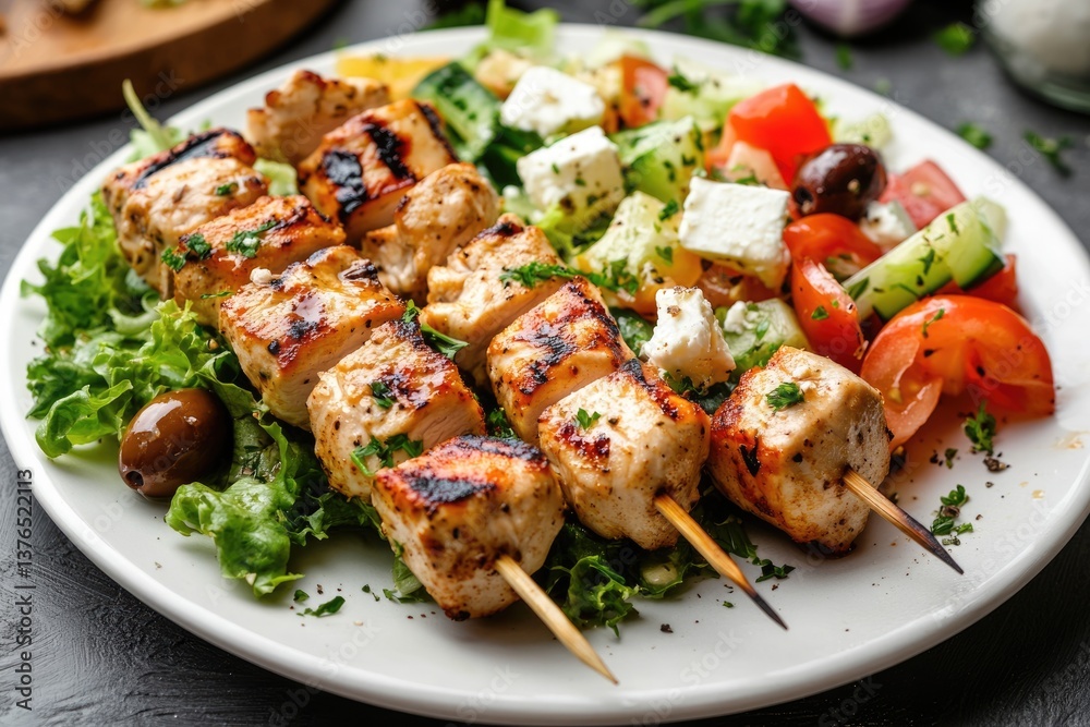 Delicious Souvlaki Skewers with Fresh Veggies and Feta on a White Plate, Celebrating Traditional Greek Barbecue Flavors Delicious Souvlaki Skewers with Fresh Veggies and Feta on a White Plate, Celebrating Traditional Greek Barbecue Flavors