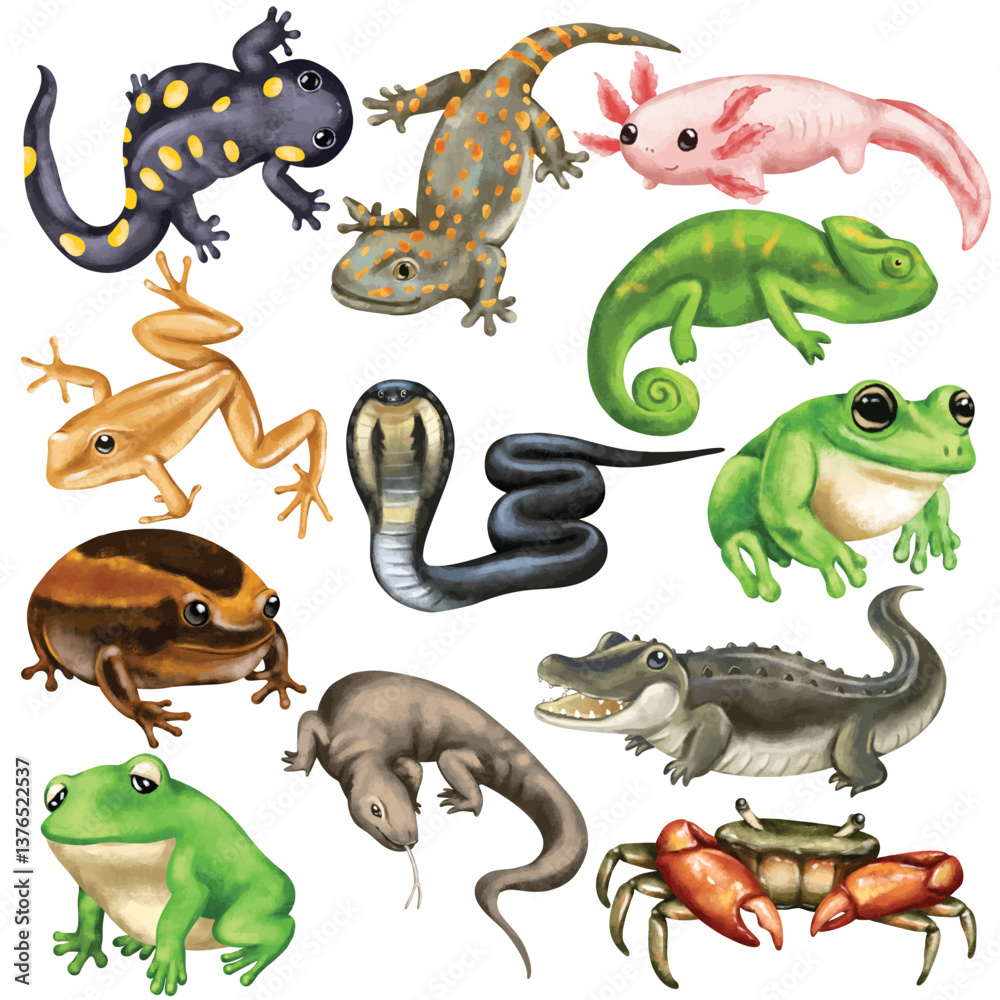 Obraz premium Watercolor Reptile and Amphibian Illustration Set Hand Painted Salamander Cobra Frog Chameleon Gecko Lizard Crocodile Toad Axolotl Artistic Wildlife Nature Art