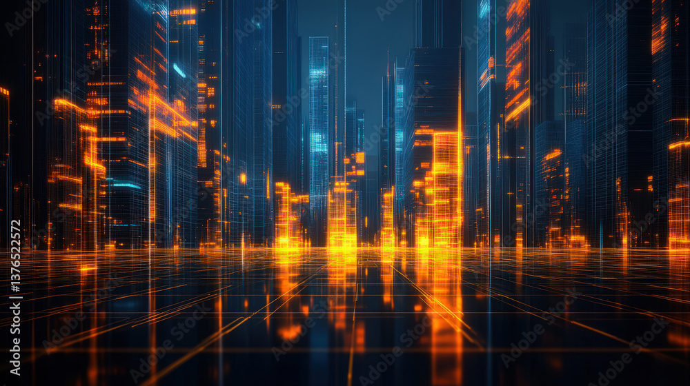 Fototapeta premium Futuristic CGI cityscape at night with neon lights and water reflections