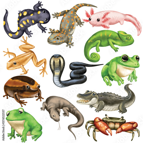 Watercolor Reptile and Amphibian Illustration Set Hand Painted Salamander Cobra Frog Chameleon Gecko Lizard Crocodile Toad Axolotl Artistic Wildlife Nature Art