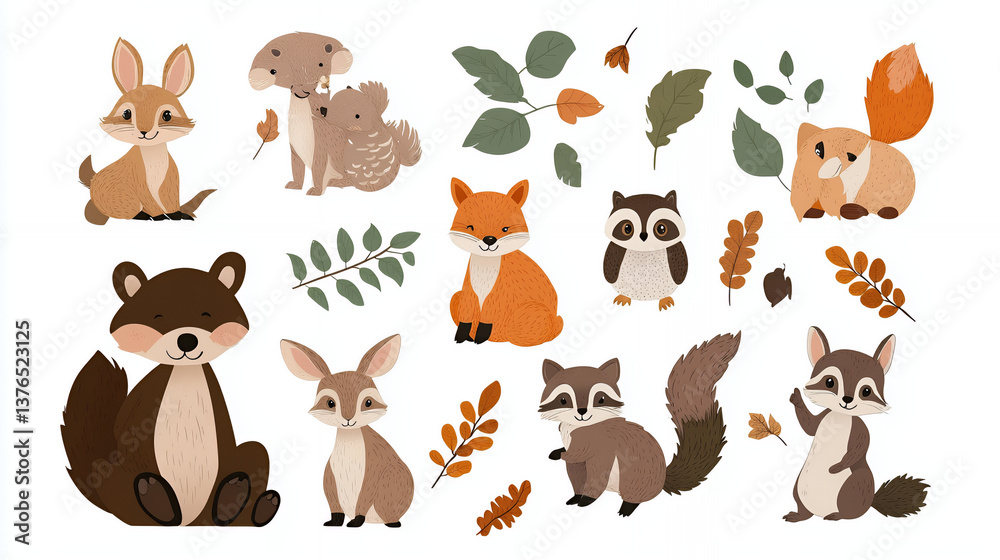 Obraz premium Cute cartoon forest animals in a flat vector illustration