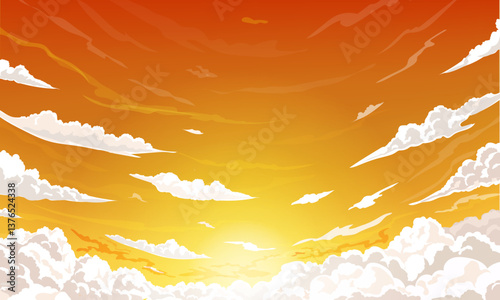 Sky sunset anime background with clouds, Cartoon summer evening cloudy sky. Orange heaven, white clouds