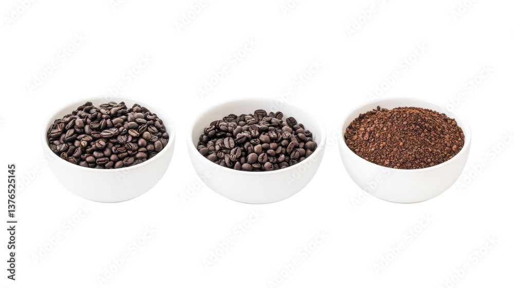 Three White Bowls Containing Whole Coffee Beans and Ground Coffee Three White Bowls Containing Whole Coffee Beans and Ground Coffee