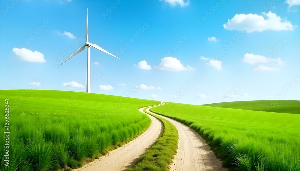Obraz premium A picturesque landscape featuring a winding dirt road that cuts through a vibrant green field, leading the eye towards a solitary white wind turbine