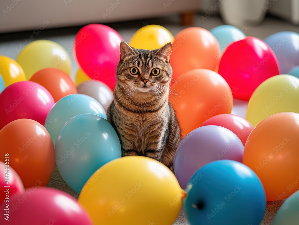 Obraz premium Curious tabby cat surrounded by colorful balloons, creating a vibrant and playful scene