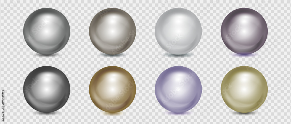 Realistic colored 3d balls set, Metallic gray and golden pearl spheres with shining highlights and shadows on transparent background, Vector illustration.