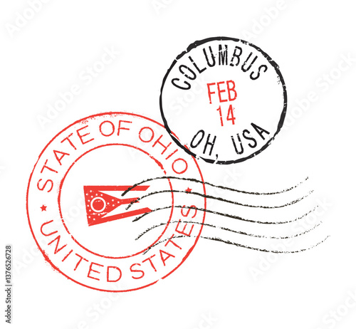 Postal rubber stamps COLUMBUS, STATE OF OHIO, UNITED STATES, along with the state symbol. Retro seals for letter envelopes, greeting cards, passports, parcels.