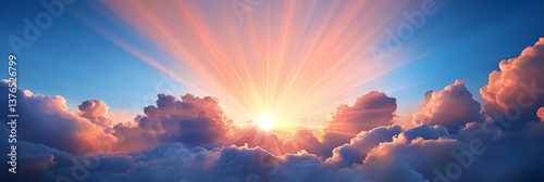 Heavenly Sunrise Above the Clouds - Breathtaking panoramic view of a sunrise bursting through fluffy clouds, creating a radiant and hopeful scene
