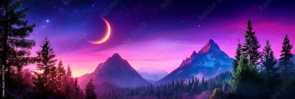 Naklejka premium Majestic Mountain Night - Serene landscape of mountains at night under a crescent moon and starlit sky. Pink and purple hues dominate the scene