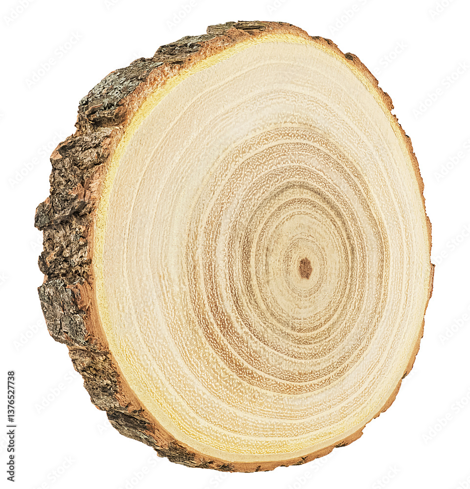 Obraz premium Round piece of wood in cross section isolated on a white background. Wood texture pattern.