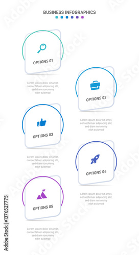 Vertical progress bar featuring 5 arrow-shaped elements, symbolizing the five stages of business strategy and progression. Clean timeline infographic design template. Vector for mobile presentation.