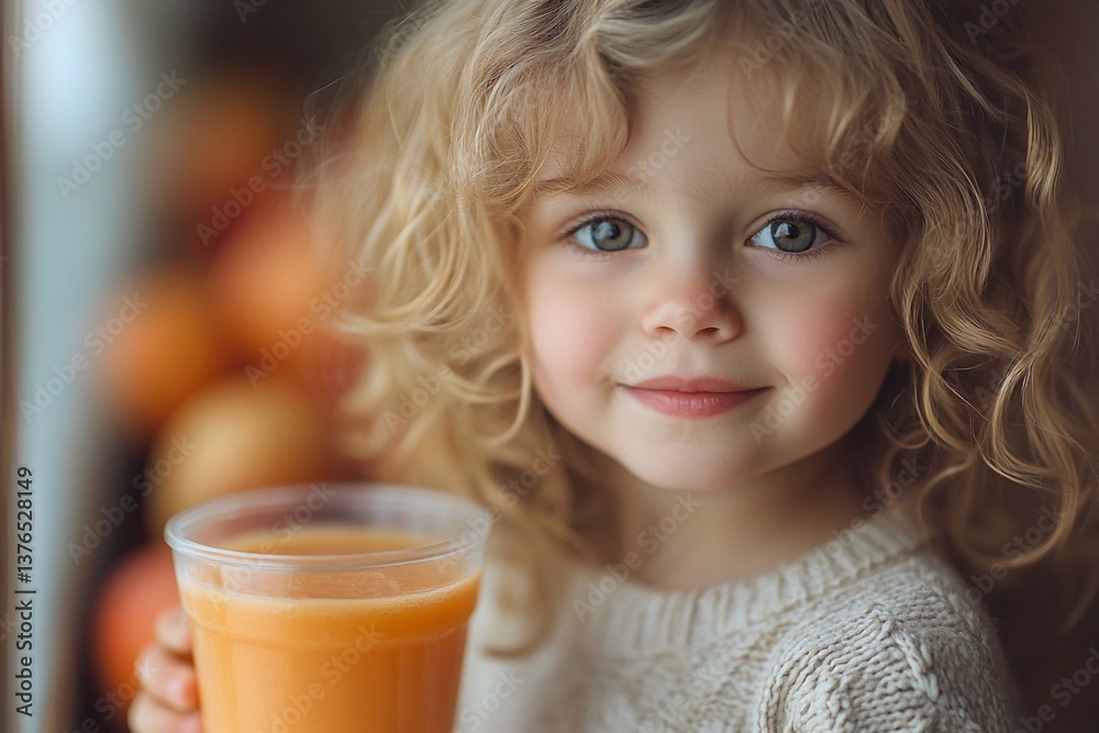 Child drinking freshly squeezed juice and eating his breakfast Child drinking freshly squeezed juice and eating his breakfast