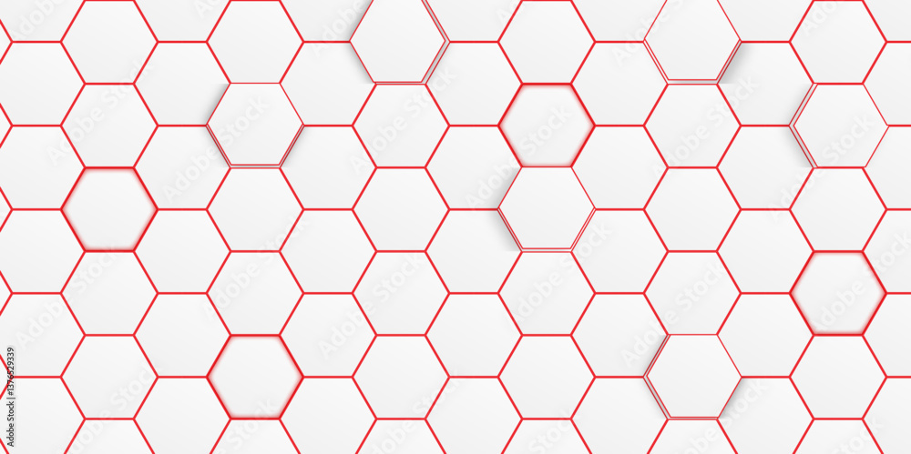 Red and White Hexagonal Network, High-Tech Abstract Background. Abstract white hexagon with red colour. Vector. Hexagon. Red and White Hexagonal Network, High-Tech Abstract Background. Abstract white hexagon with red colour. Vector. Hexagon.