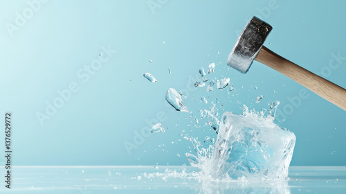 Hammer breaking ice block on blue background