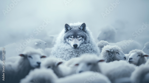 Predator hidden in flock, wolf blending in herd of sheep