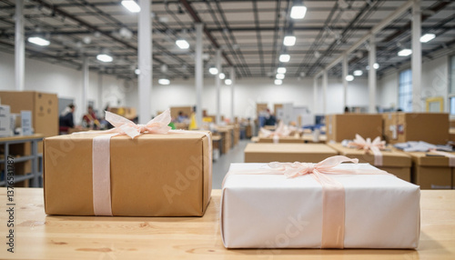 Christmas gifts wrapped in paper against warehouse backdrop