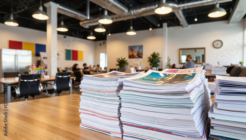 Stack of paperwork in modern office space