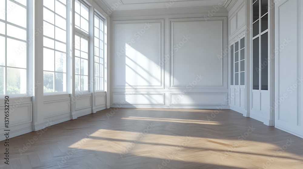 Fototapeta premium 3d empty wall mockup featuring white wall and wood floor room