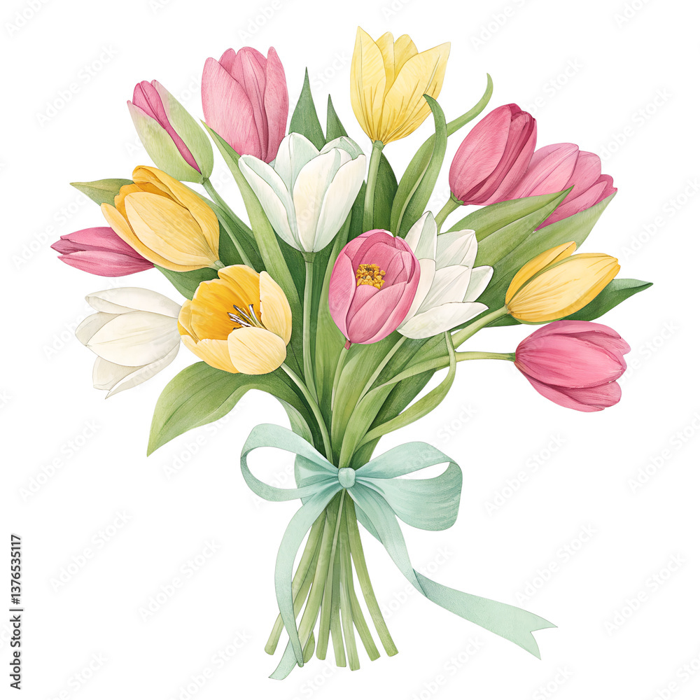 Obraz premium Bouquet of Pink, Yellow, and White Tulips with Light Blue Ribbon on Transparent Background