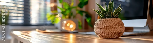 Discover the beauty of a pristine workspace where creativity thrives Witness the magic of Creative flow captured on clean desk with soft shadows A tranquil scene of plants, ambient lighting, and a