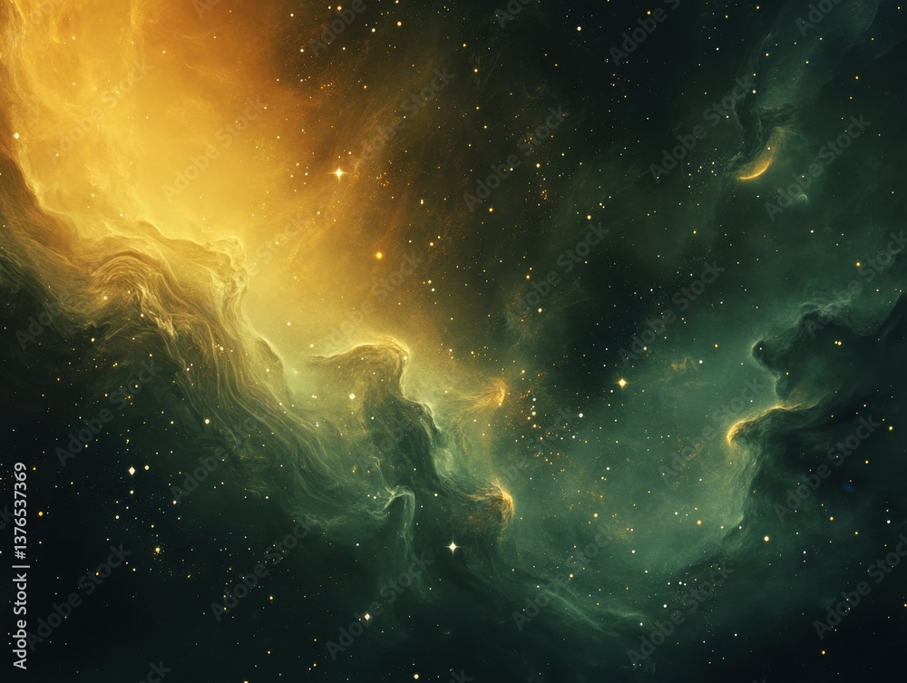 Fototapeta premium Stunning close-up of a cosmic nebula showcasing swirling gas clouds, luminous stars, and vibrant shades of gold, green, and black